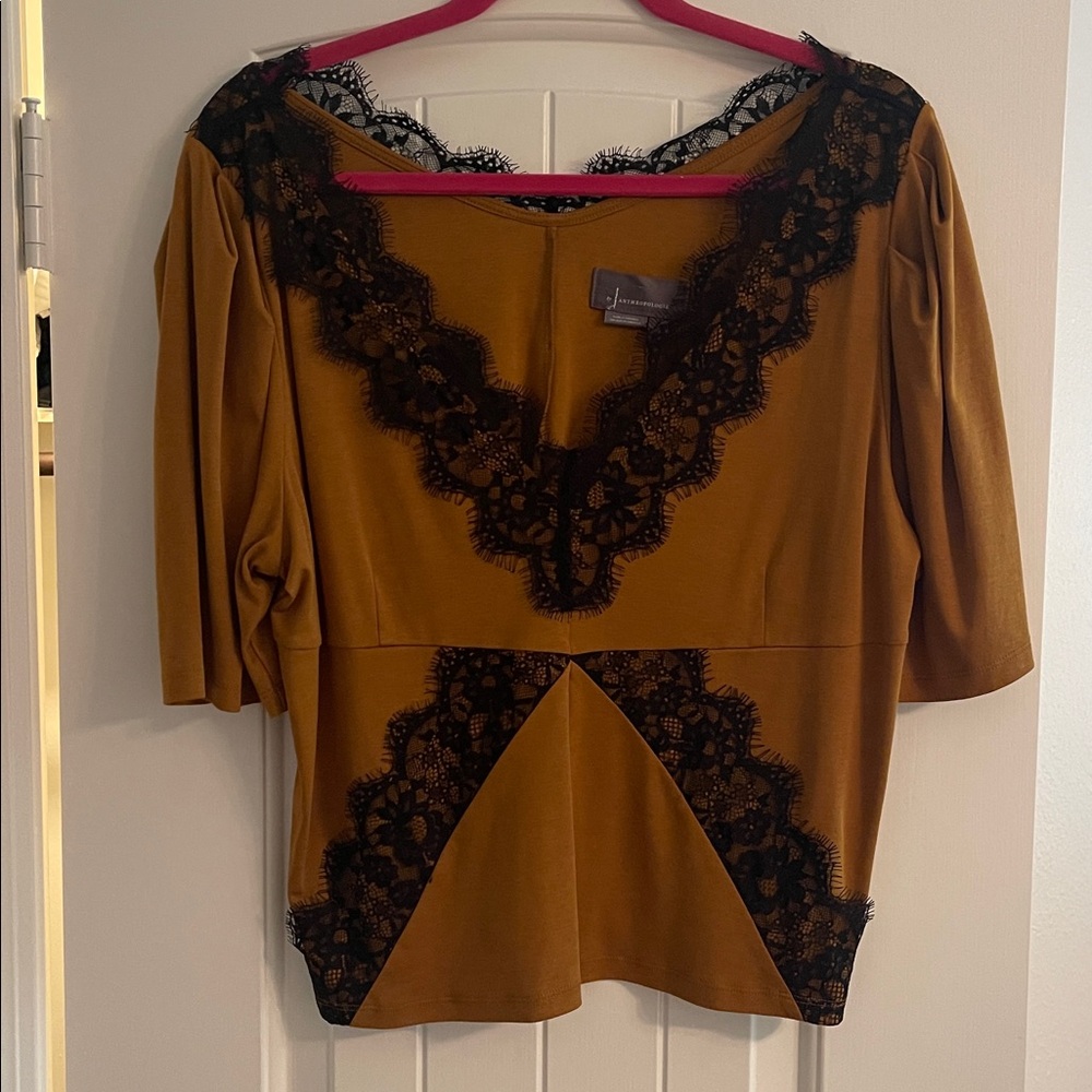 Anthropologie Mustard Blouse with Black Lace Detail
